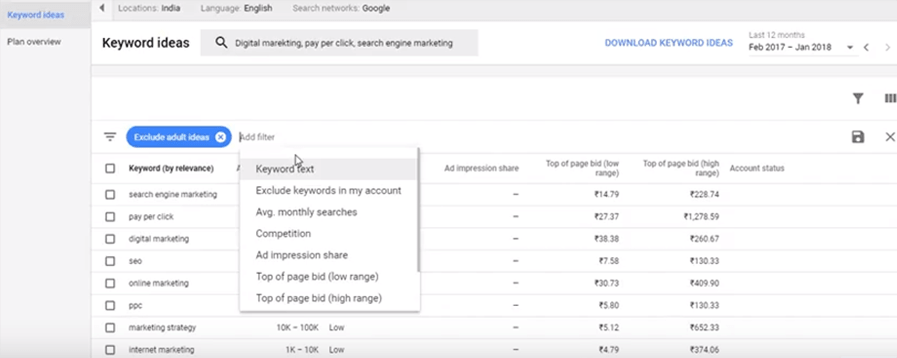 Filter In Keyword Planner